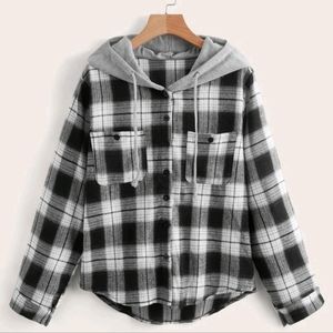 Button Front Plaid Flannel Drawstring Hooded Blouse